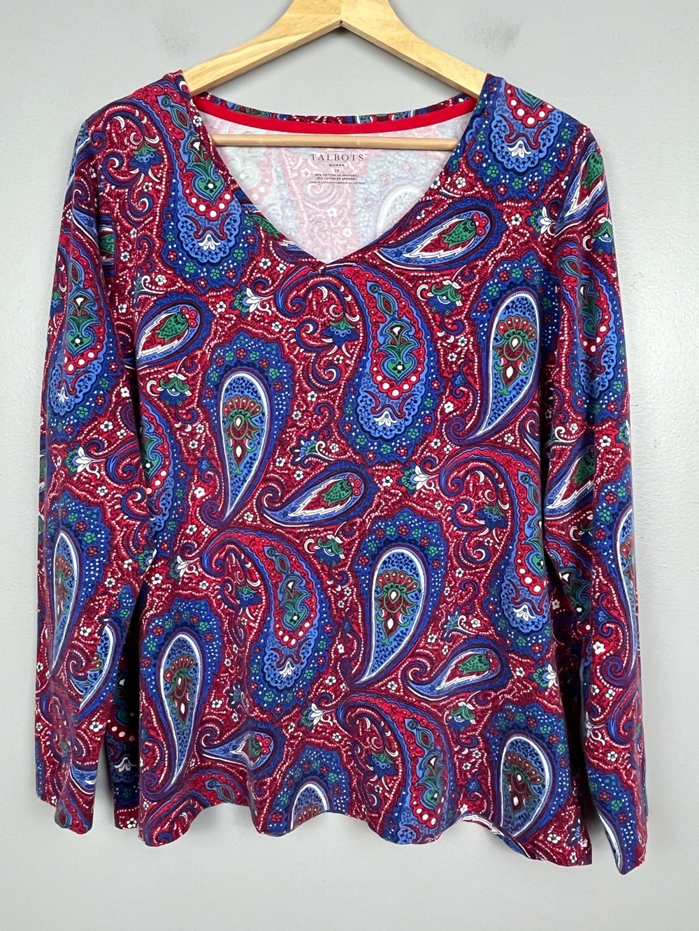 Talbots The Talbots Tee red & blue paisley print cotton spandex top, size 1X.